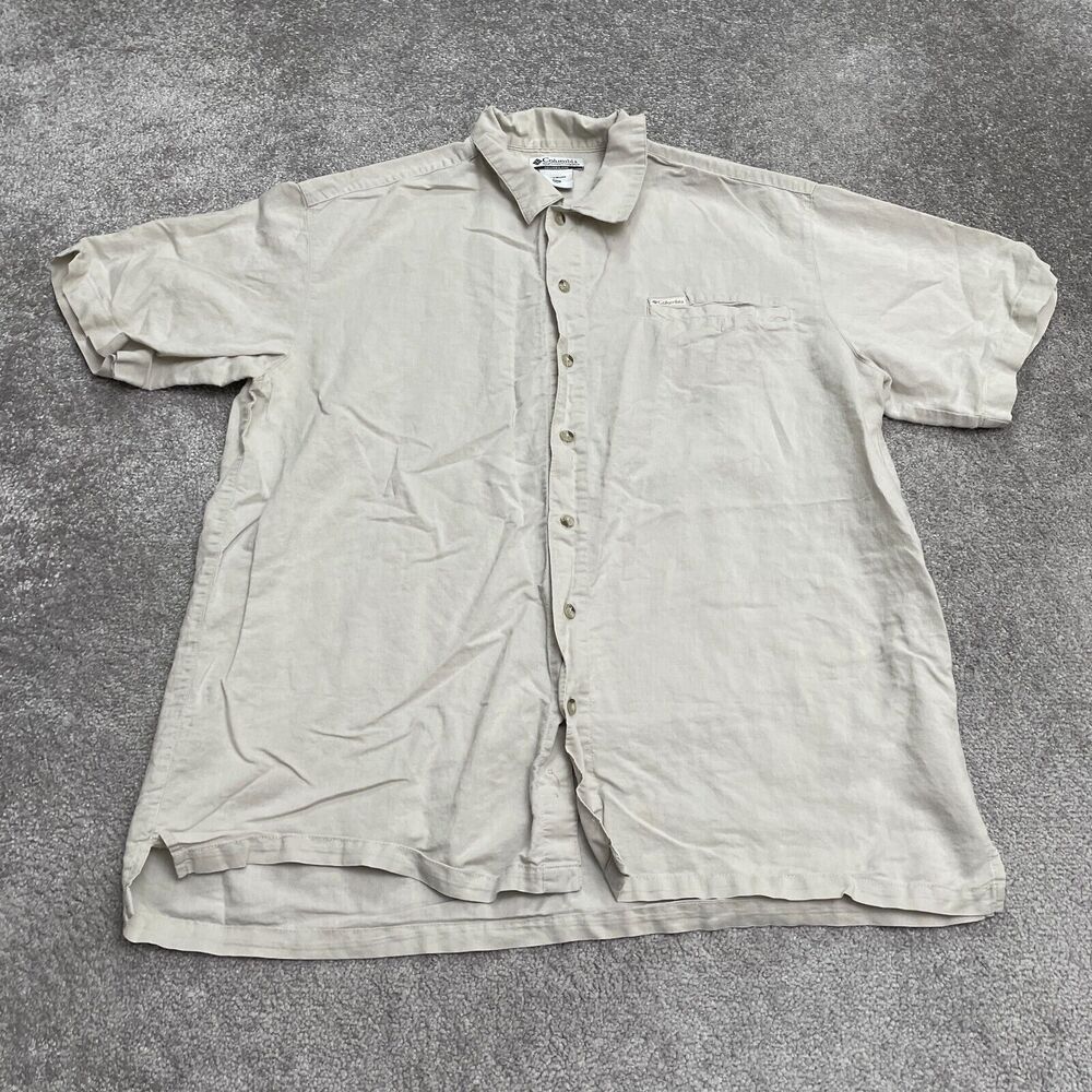 Columbia Ramie Blend Shirt Mens XXL Gray Short Sleeve Button Down Pocket Casual